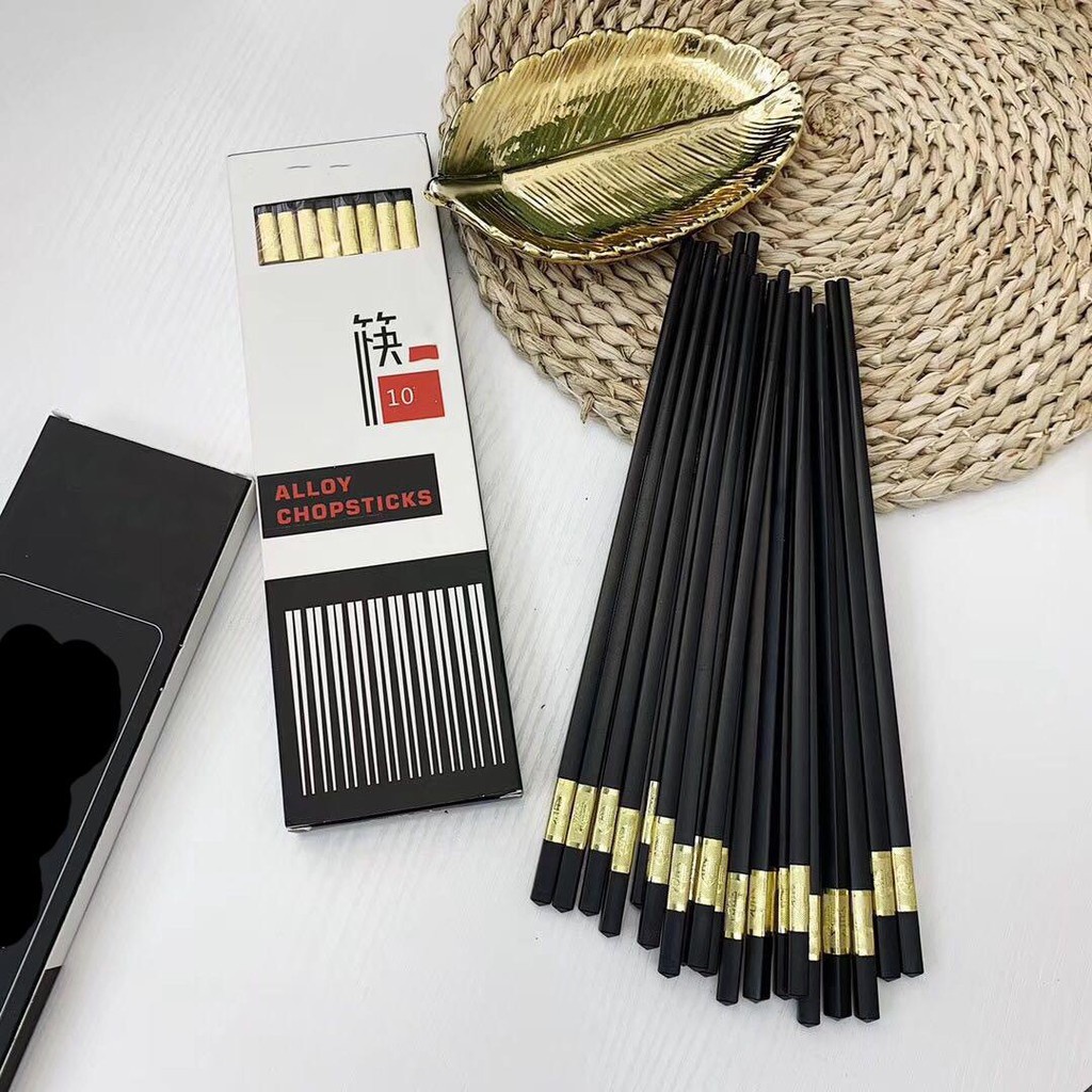 Hộp 10 Đôi Đũa Ăn Hợp Kim Khảm Vàng, Khảm Bạc Sang Trọng Bền Đẹp 2248