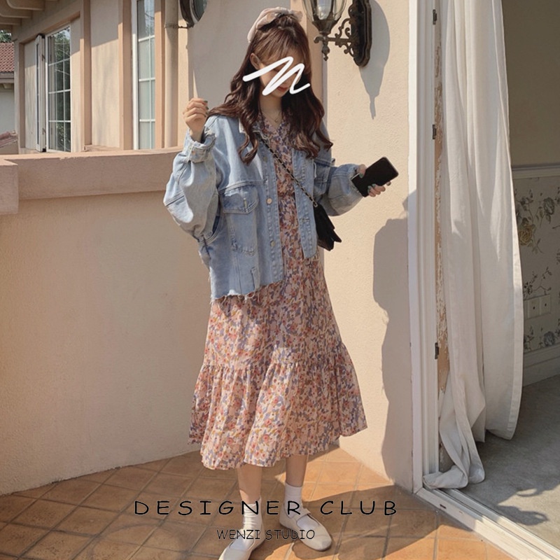 SUXI Đầm Voan Hoa Dáng Dài Phong Cách Vintage Thời Trang Thu Đông Dành Cho Nữ