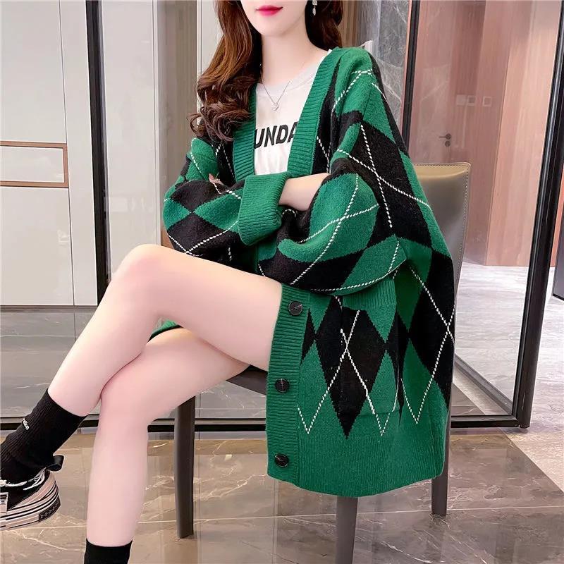 Áo Len Jacquard Hình Kim Cương Cardigan Áo Khoác Rộng Rãi Đơn Giản Dáng Dài Vừa Cho Nữ