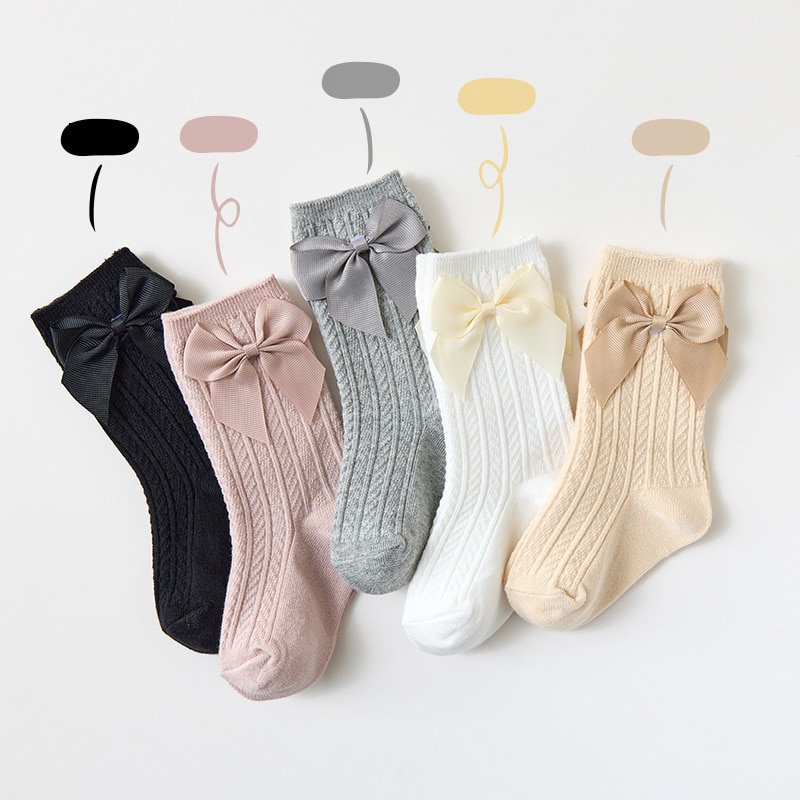 Vớ Cotton Dày Mềm Đính Nơ Màu Trơn Thời Trang Thu Đông Cho Bé Gái Sơ Sinh