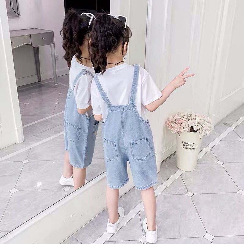 Set Quần Yếm Denim Và Áo Thun Tay Ngắn Thời Trang Châu Âu 2021 Cho Bé Gái