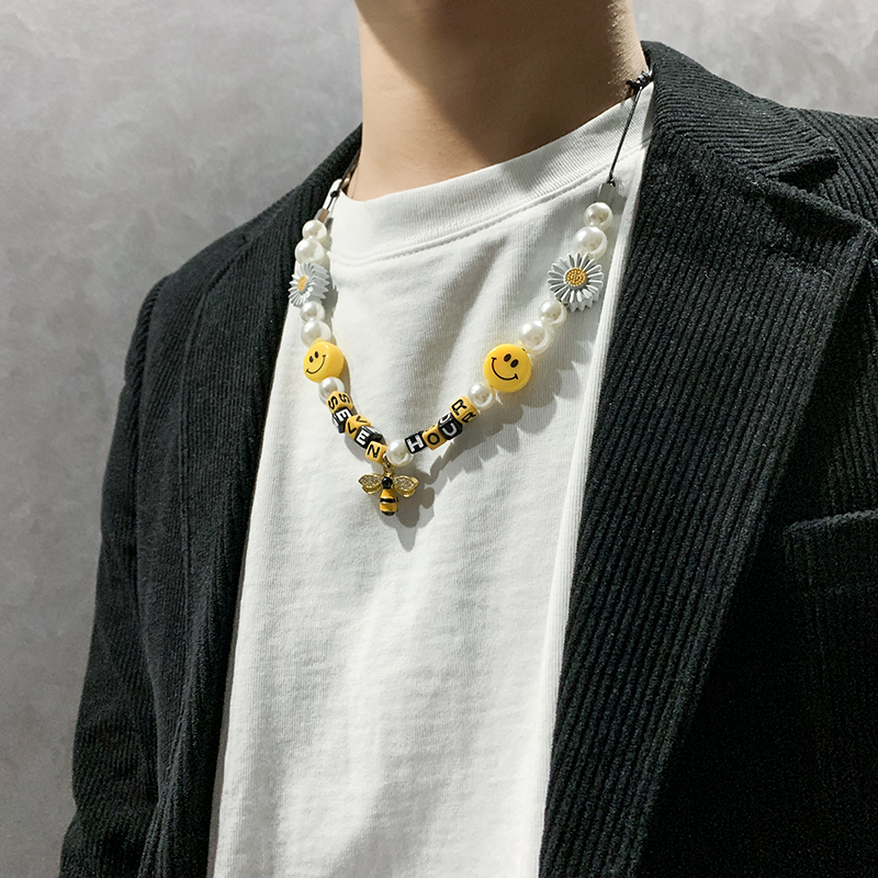 Vòng cổ hình hoa cúc/mặt cười đính ngọc trai phong cách hip hop đường phố cá tính