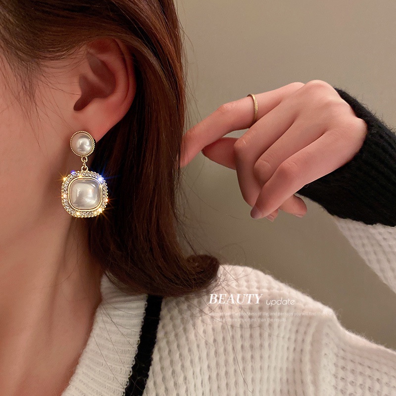Bông Tai Mạ Bạc 925 Hình Vuông Đính Ngọc Trai Đơn Giản Phong Cách Hàn Quốc Thời Trang