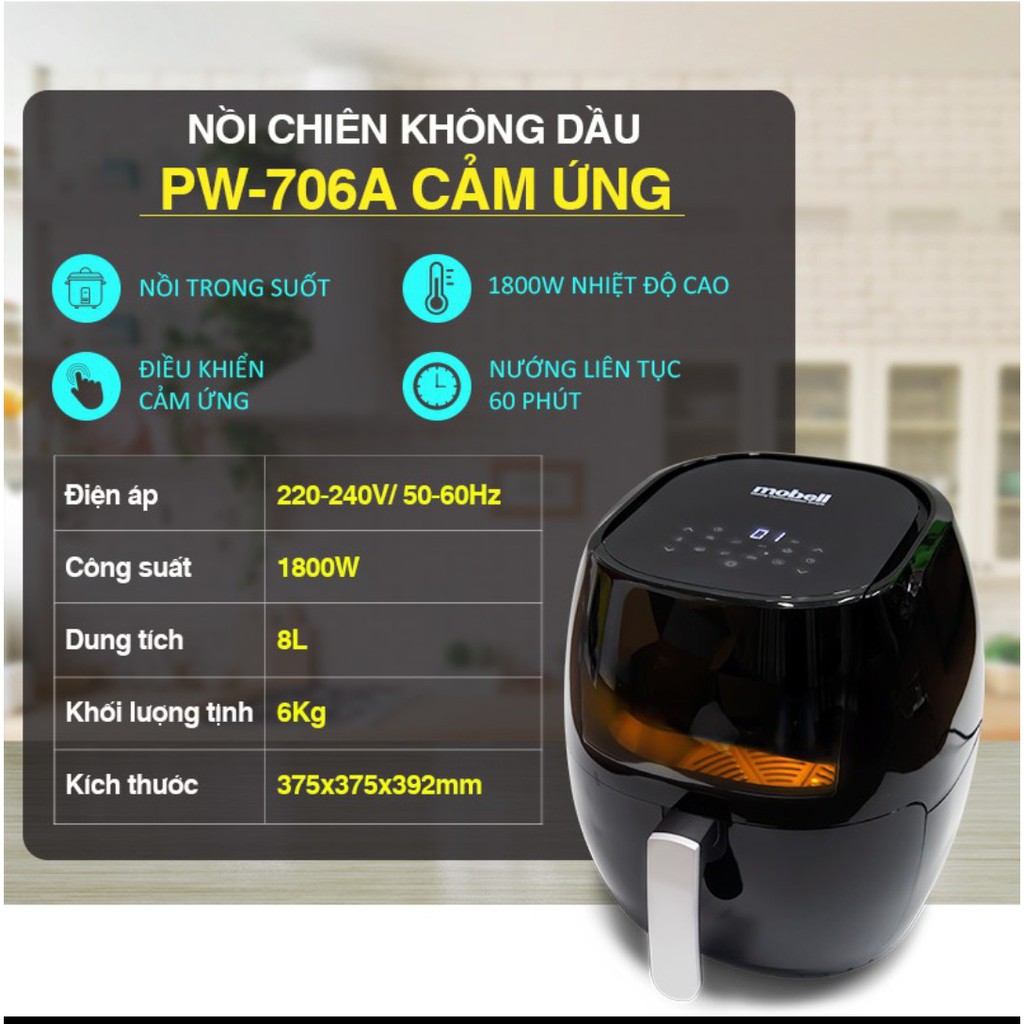 Nồi Chiên Không Dầu Cảm Ứng MOBELL, Dung Tích 8L Chuyên Dùng Chiên, Nướng An Toàn Cho Sức Khỏe - Hàng Chính Hãng