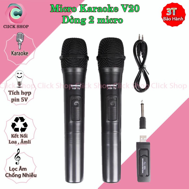 Combo 2 Micro Karaoke Bluetooth Không Dây Song Ca V20 - Âm vang có ECHO - Thu Âm Nhạy - Không Bị Rè Hú