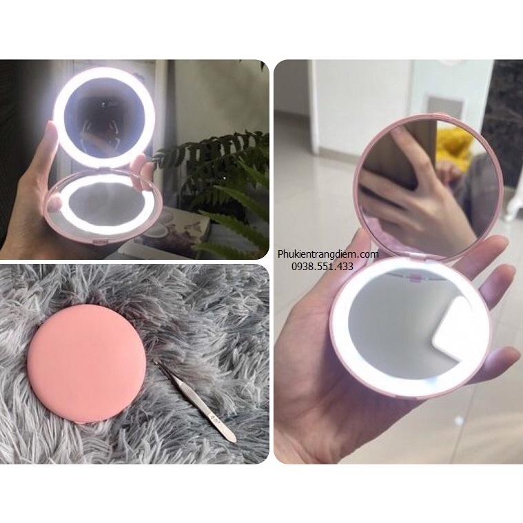 Gương Gập Đèn LED Mini Cầm Tay Bỏ Túi Xách - Dùng Pin [Cực Xinh]