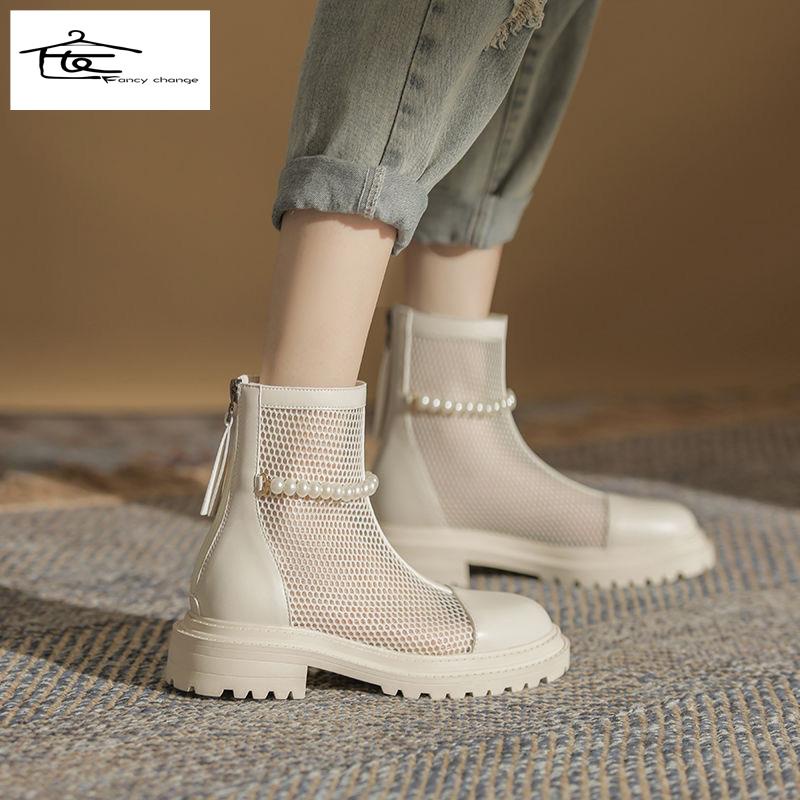 Giày Bốt Martin Bằng Da Bò Phối Lưới Đính Ngọc Trai Thời Trang Xuân Hè 2022 Cho Nữ