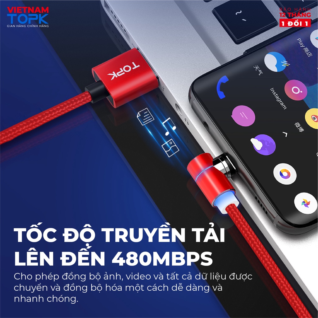 Dây sạc nam châm, đầu nối vuông góc TOPK AM69 Sạc nhanh QC 3.0 dài 1m, dùng cho điện thoại - Hàng chính hãng