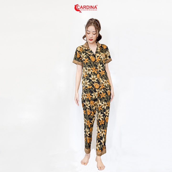 Đồ Bộ Nữ 𝐂𝐀𝐑𝐃𝐈𝐍𝐀 Pijama Chất Lụa Satin Nhật Cao Cấp Quần Dài Áo Cộc Tay 1Pi18