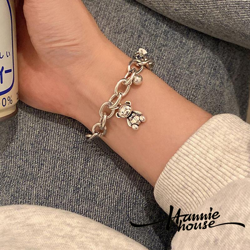 Vòng tay dây xích dày bằng kim loại mặt hình gấu có thể điều chỉnh dành cho nữ