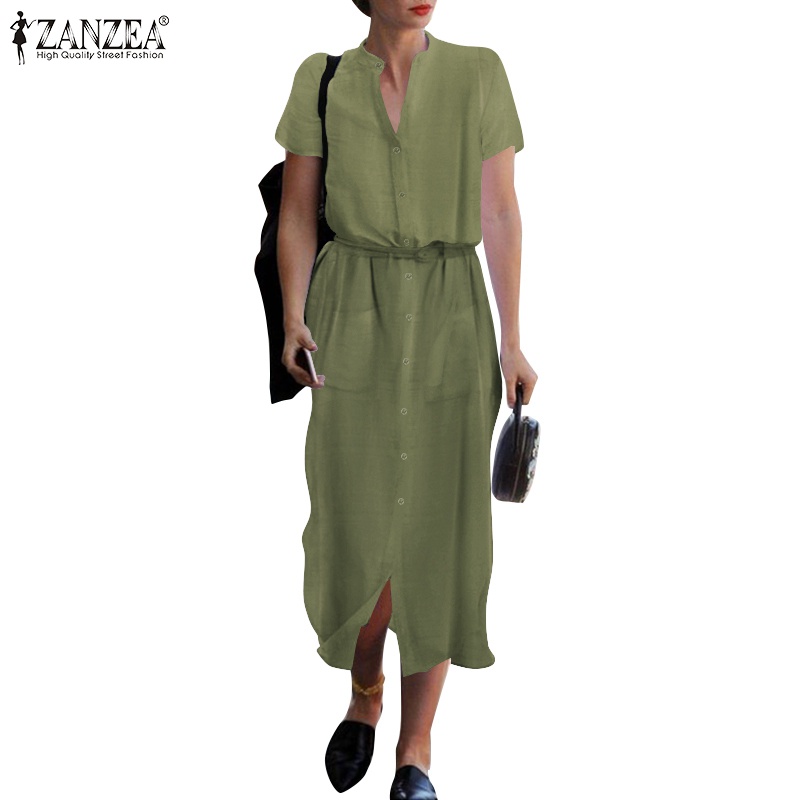 Đầm Zanzea màu trơn cổ tròn phong cách Châu Âu vintage dành cho nữ