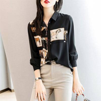 Áo sơ mi màu đen nữ retro Hồng Kông mùa xuân và mùa hè năm 2021 mới thiết kế thích hợp in voan dài tay áo