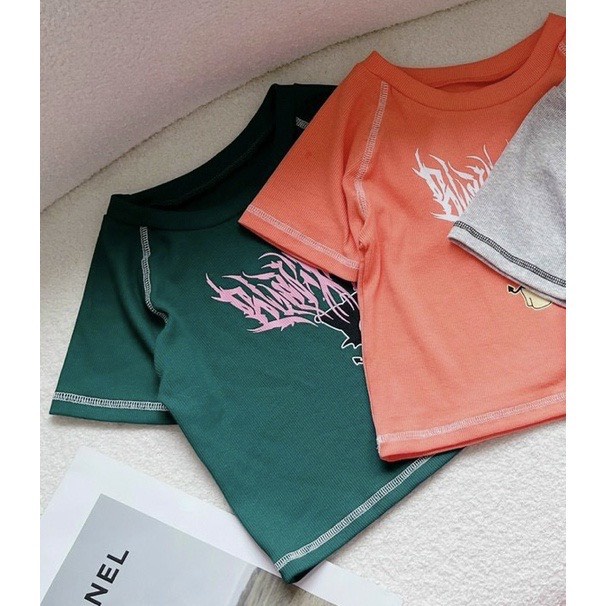 Áo Croptop Cổ Tròn Tay Ngắn Viền Chỉ In Hình Quỷ Siêu Ngầu