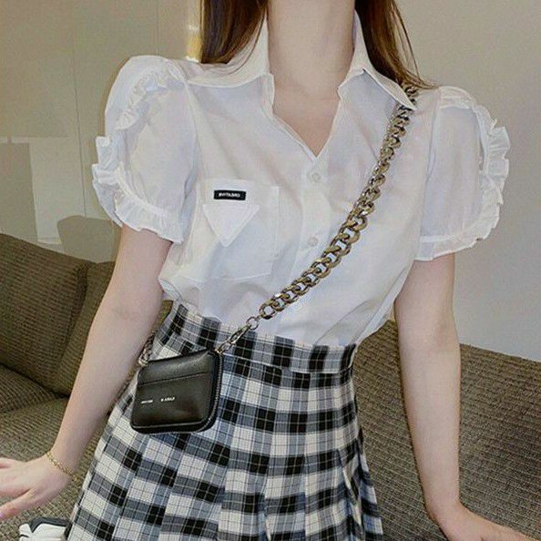 Áo sơ mi viền tay bèo phối sọc đỏ trắng  ( phôm 55kg trở lại đẹp) 🥰
