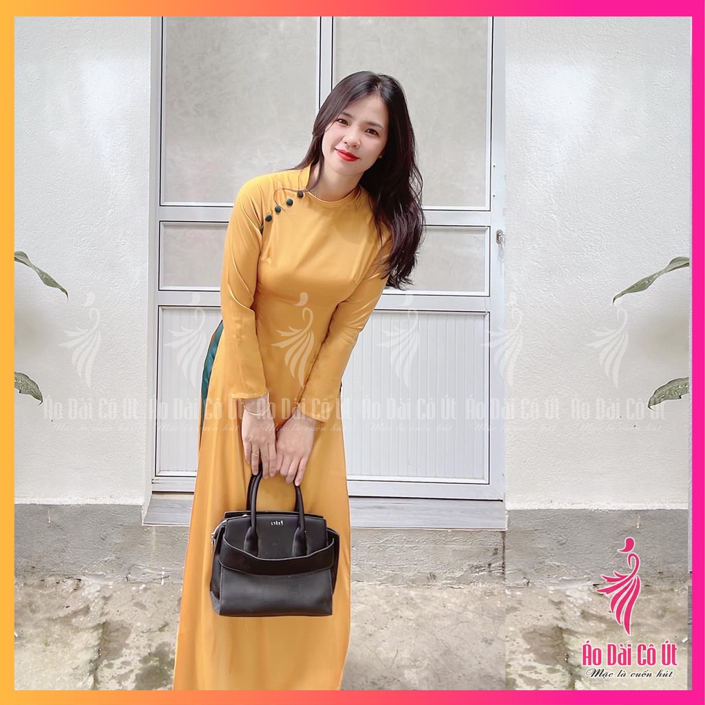 Áo dài truyền thống cổ lệch đính cúc tay lửng lụa tây thi
