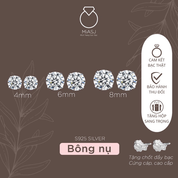 Bông nụ đá tròn Bạc Ý S925 đá Cz cao cấp nhiều size chuẩn đẹp | Mi.A Trang sức bạc