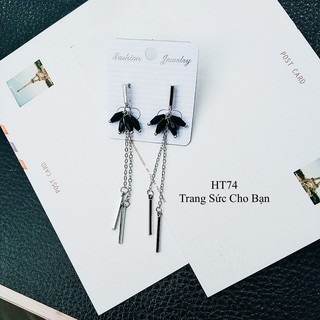 Bông tai HT74 dáng dài đính đá đen hai dây tua thời trang giá rẻ
