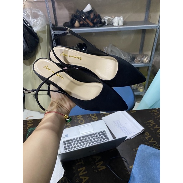 Giày sandal nữ cao gót 5 phân và 3 phân mũi nhọn chất liệu xi lộn Anna gót vuông kiểu dáng slingback _A064034