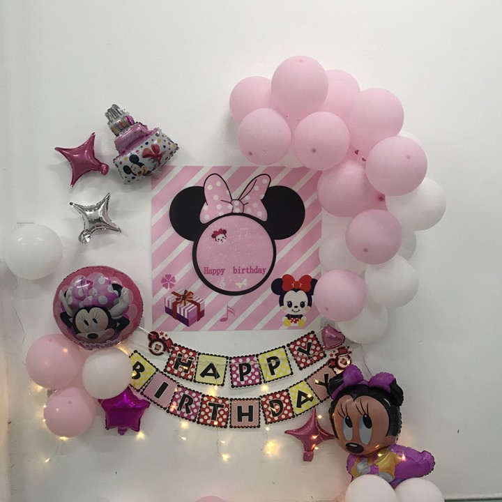 Set trang trí sinh nhật cho bé gái chủ đề chuột hồng siêu cute đáng yêu tone hồng S01