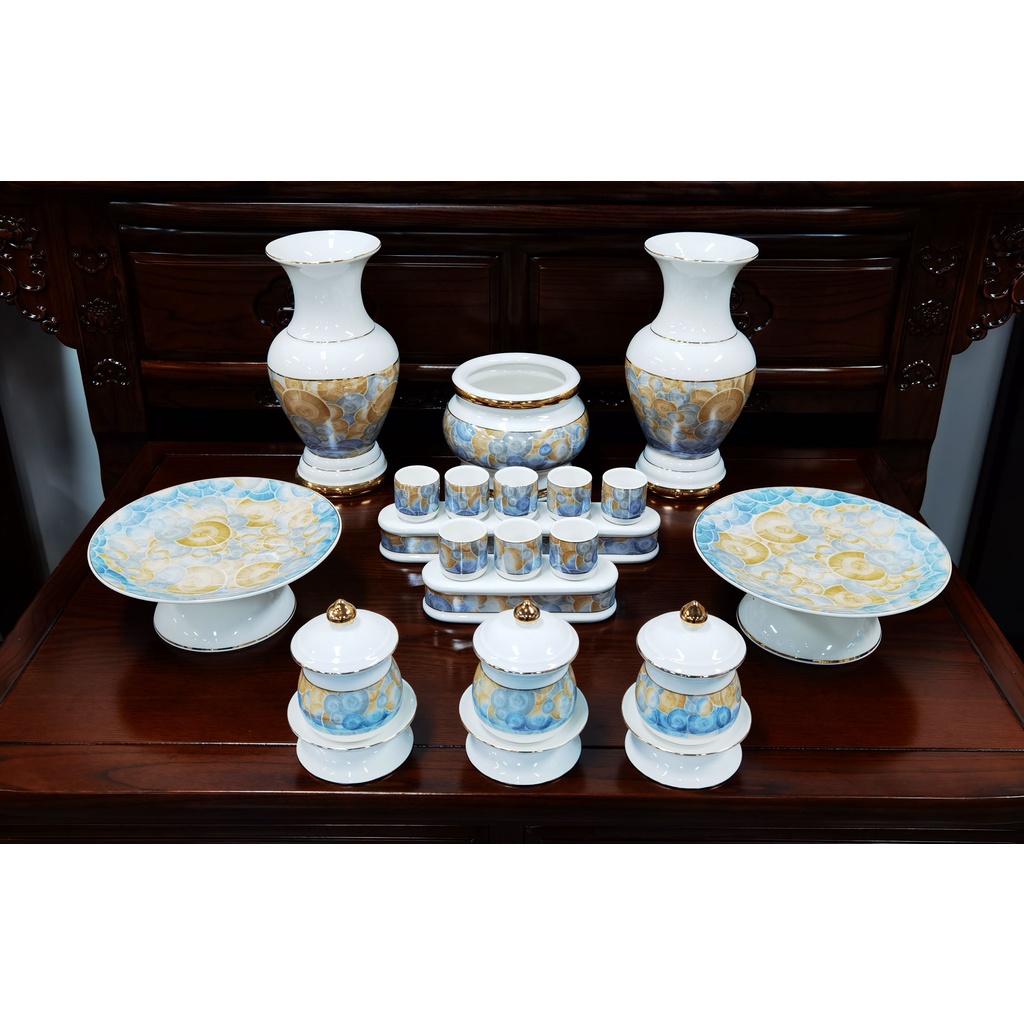 Bộ Thờ Cúng 1517 Bình, Lư, Dĩa, Chun, Án họa tiết Bằng Sứ Cao Cấp - Phật Giáo Tường