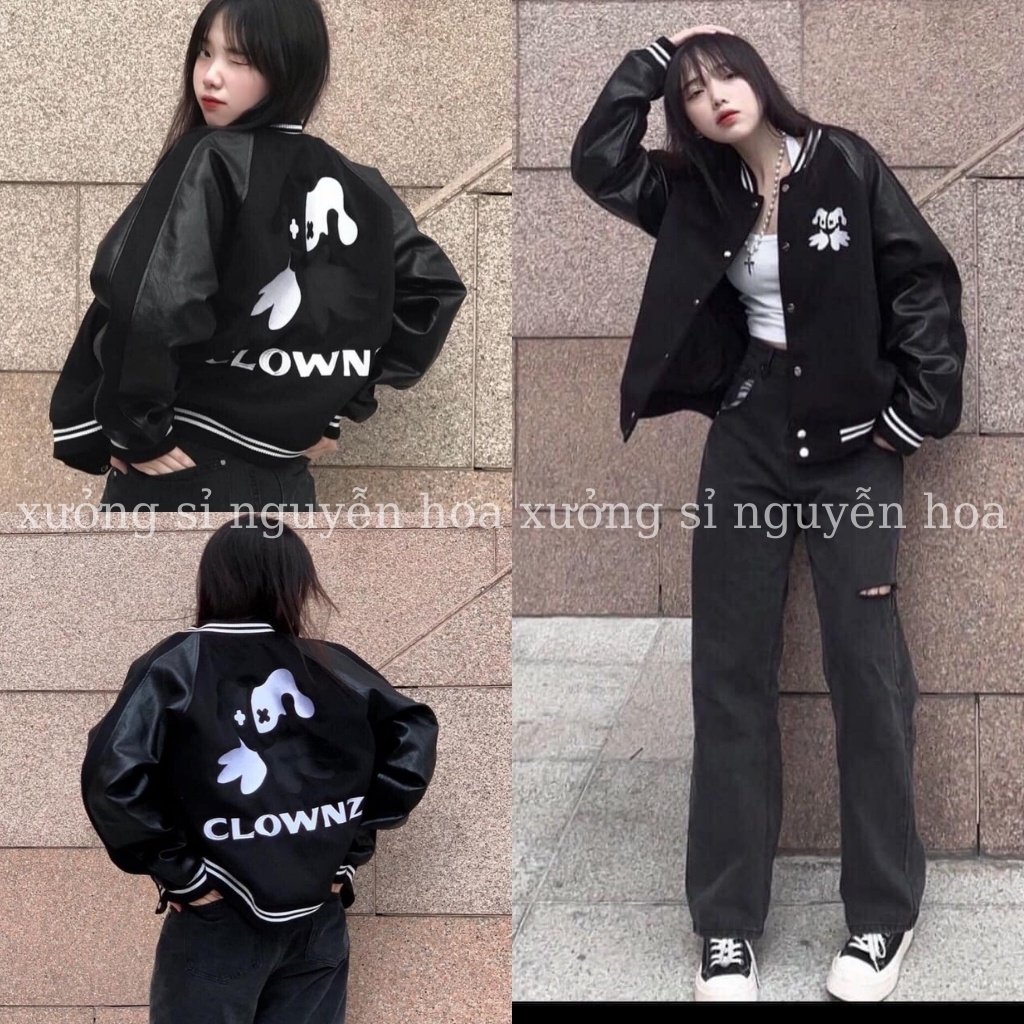 Áo khoác áo bomber bóng chày clownz tay pha da lỳ dáng rộng unisex nam nữ mặc được Xưởng Sỉ Nguyễn Hoa