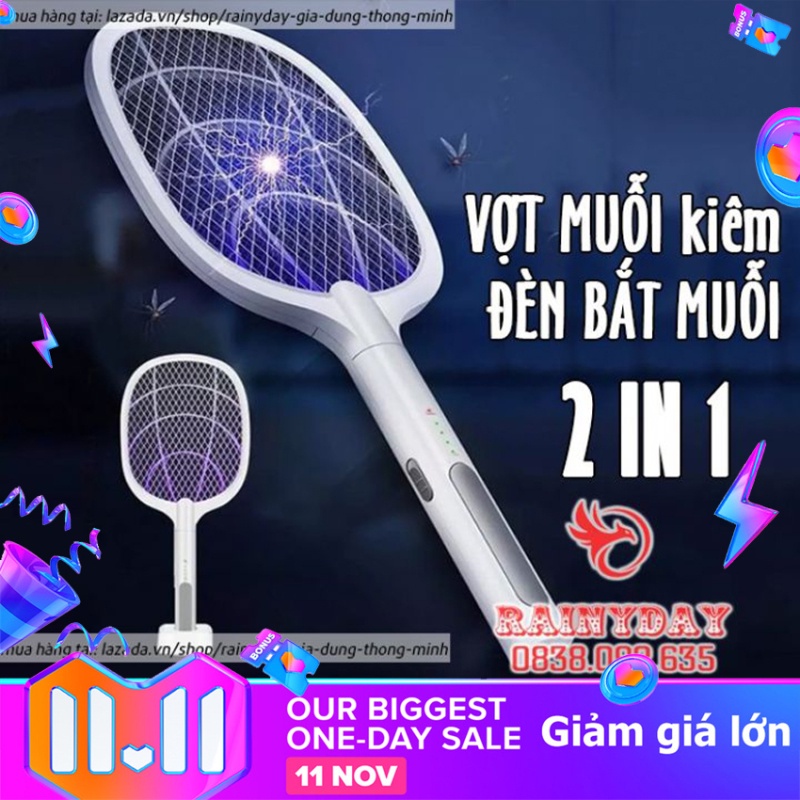 (Mới) vợt muỗi kiêm đèn bắt muỗi có đế fb 858, sạc usb