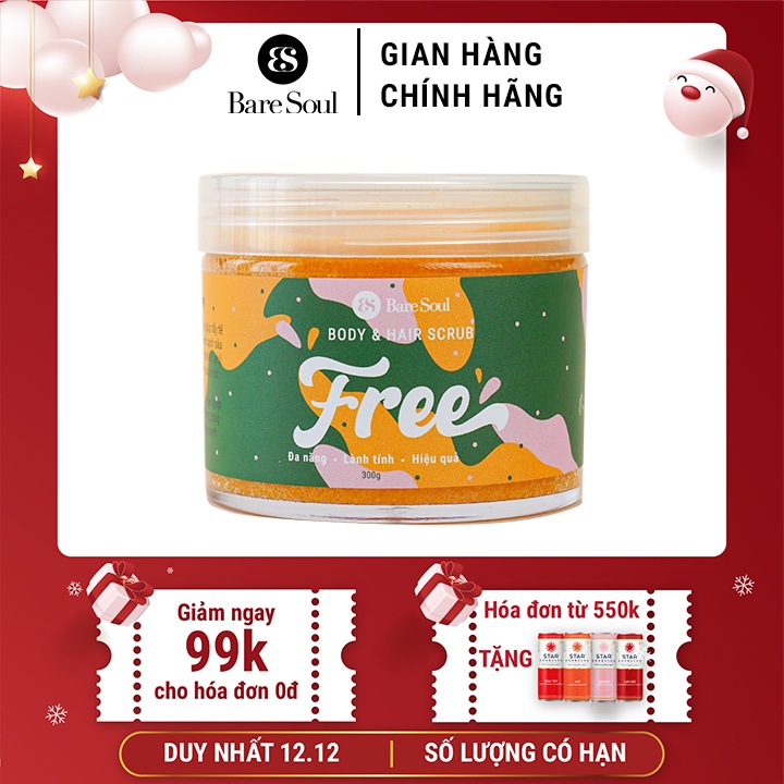 Muối tắm gội tẩy tế bào chết cơ thể và tẩy tế bào chết da đầu, tóc BareSoul Body & Hair Scrub 300g