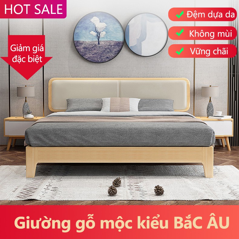 Giường đôi 1.8m nội thất phòng ngủ bằng gỗ không độc hại độ bền cao phong cách Bắc Âu FU328