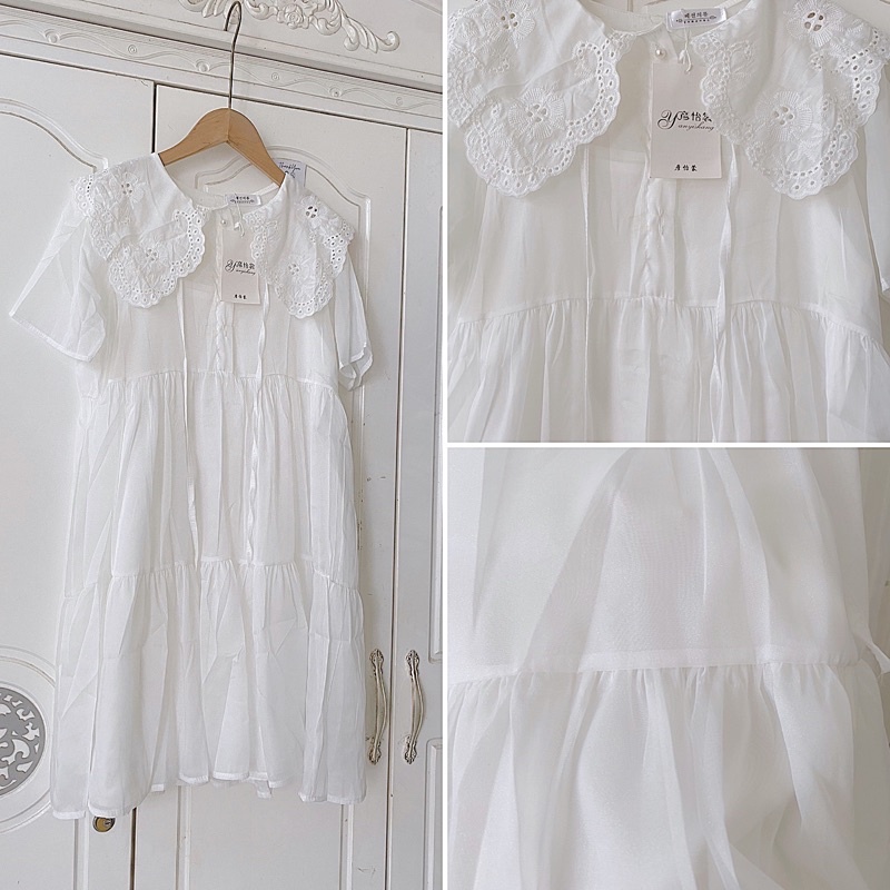 Đầm babydoll phối cổ ren bèo DÁNG XOÈ ren hạt thắt nơ cổ