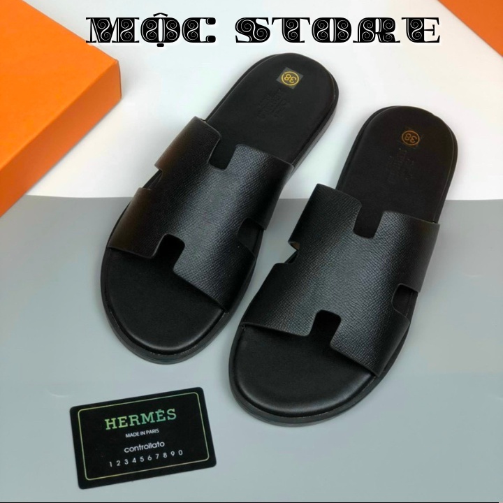 Dép Da Hermes Màu Đen Đế Gỗ Nam Nữ cao cấp Full Bill Box, QR check
