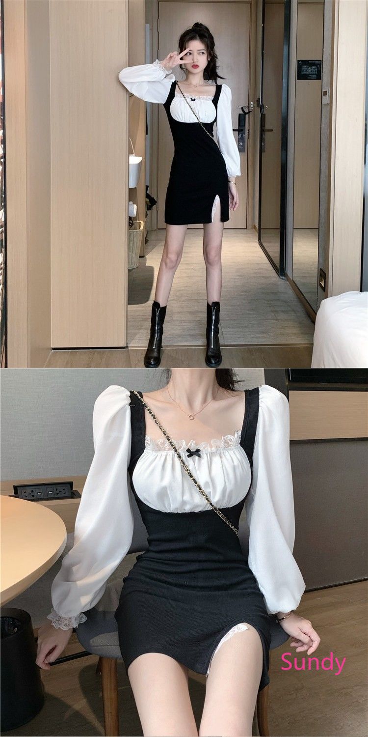Đầm ôm tay dài phối màu trắng đen xinh xắn | BigBuy360 - bigbuy360.vn