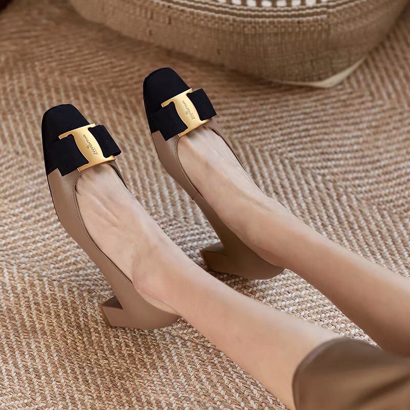 Giầy cao gót nữ phối nơ gót trụ C27
