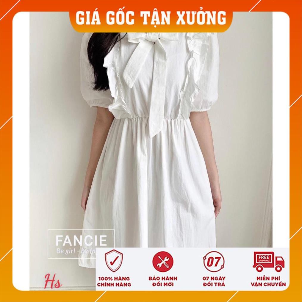 [FREESHIP] Đầm Nữ Trắng Vai Bèo Cộc Tay Buộc Nơ 🦋 Váy Nữ Chất Đũi Dáng Xòe 🦋