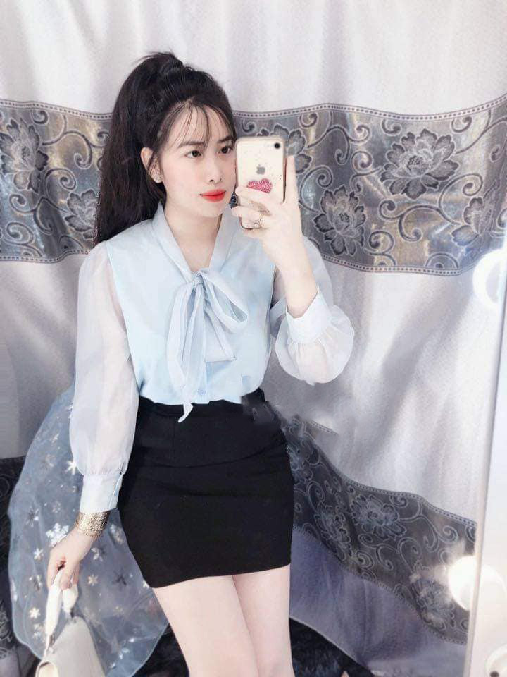 ÁO SƠ MI THẮT NƠ PHỐI TAY LƯỚI (PHỒNG) AM22