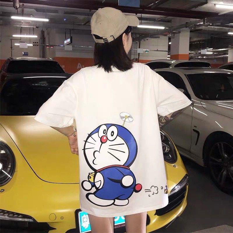 Áo Thun 100% Cotton Tay Ngắn Dáng Rộng Họa Tiết Doraemon Thời Trang Mùa Hè Dành Cho Cặp Đôi