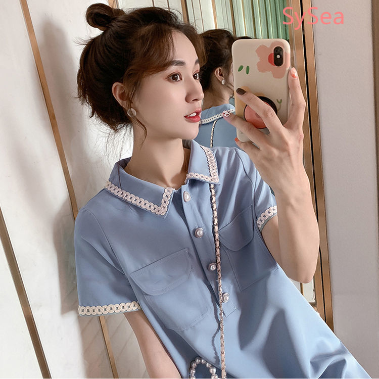 Đầm midi ngắn tay phối nút ngọc trai thời trang mùa hè cho nữ