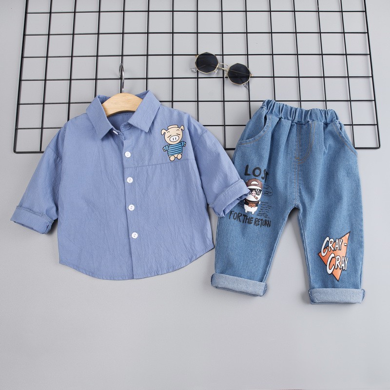 Bộ áo sơ mi dài tay họa tiết heo hoạt hình + quần denim thời trang cho bé trai 0-4 tuổi