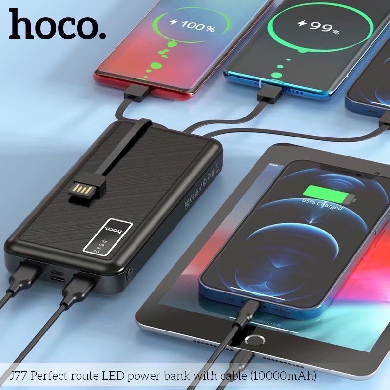 Pin dự phòng Hoco J77A LED 20000mAh-Đèn pin siêu sáng-Hỗ Trợ các cổng Sạc in/out-Tích hợp cáp sạc Micro Type C Lighting