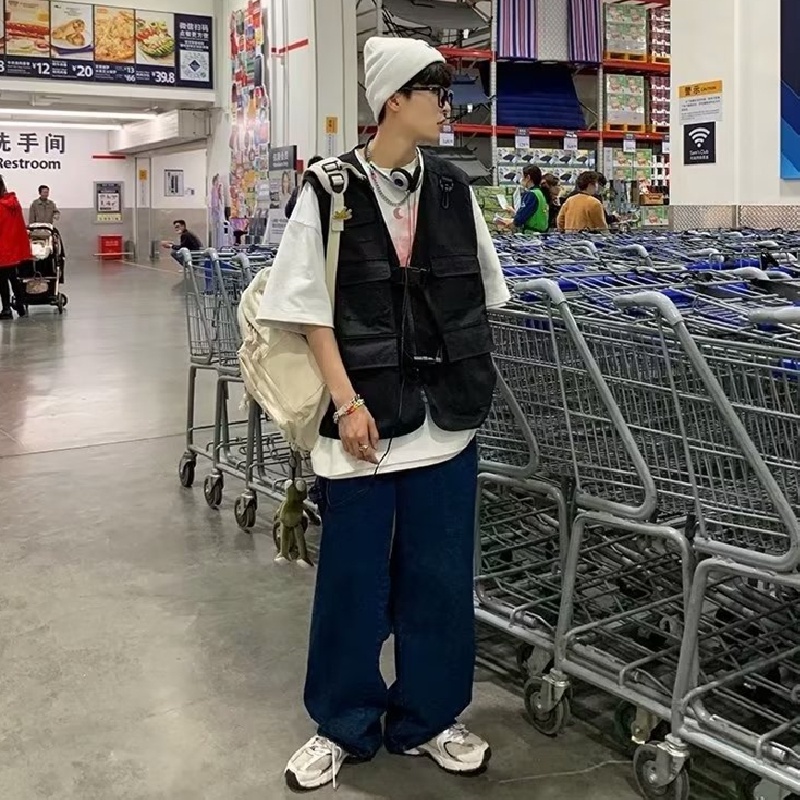 Áo Ba Lỗ Dáng Rộng Nhiều Túi Phong Cách Hip Hop Đường Phố Nhật Bản Cho Nam Cỡ M-2XL