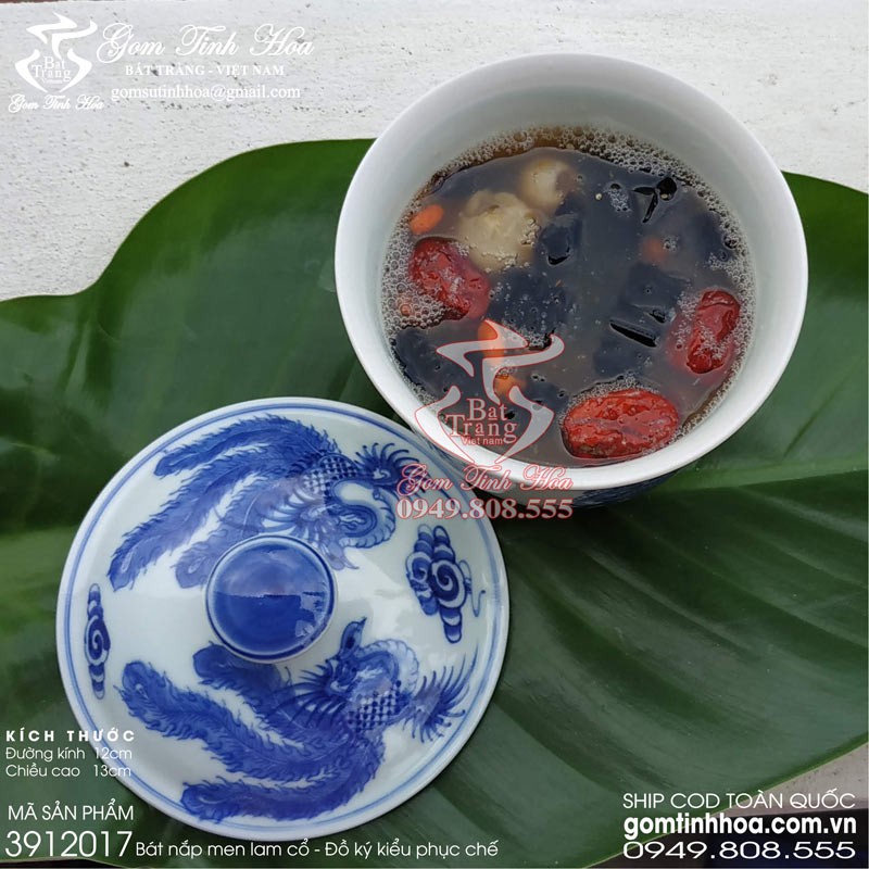 Bát sứ có nắp men lam cổ Bát tiềm canh Bát sứ chưng tổ yến