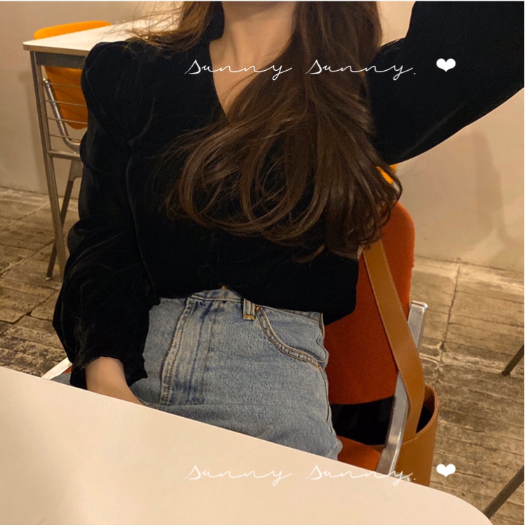 SUXI Áo Sơ Mi Nữ Thiết Kế Tay Dài Cổ Chữ V Kiểu Cách Hàn Quốc