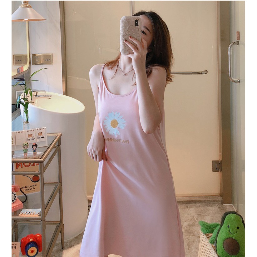 Váy đầm ngủ hai dây sexy có đệm ngực đuôi xếp li dễ thương chất cotton có bigsize