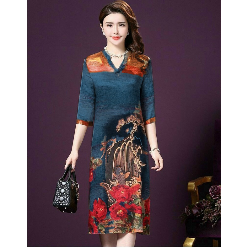 Đầm Trung Niên Bigsize MAI THY D389, Mẫu Váy Suông Họa Tiết Hoa Cá Kèm Khăn Choàng Lịch Sự | Thời Trang Trung Niên U40