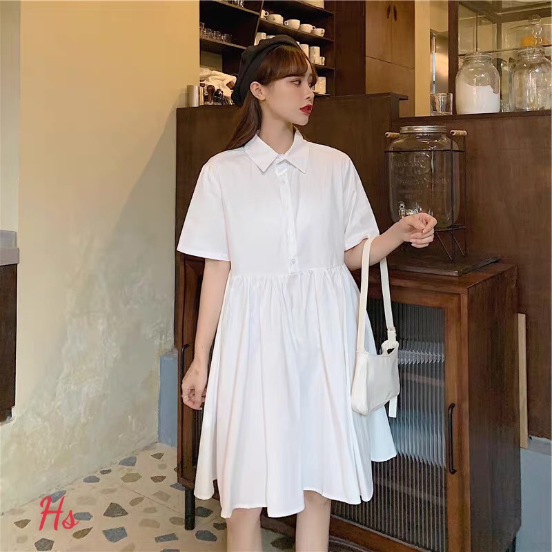 Set váy cổ sơ mi Babydoll áo Gile đai tách rời không nhăn bộ đầm trắng vest đen đan dây chéo - elliestore