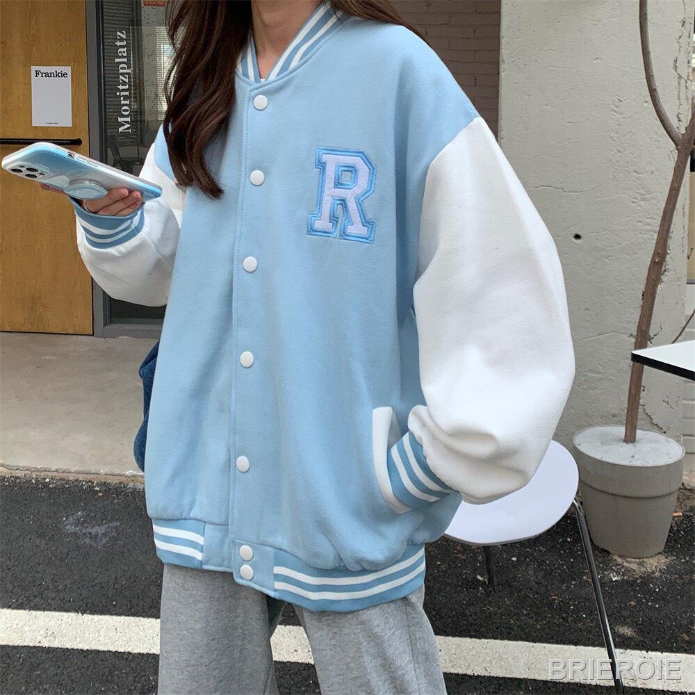 ﹊Áo bomber nam nữ phối tay họa tiết chữ R phom rộng unisex | BigBuy360 - bigbuy360.vn