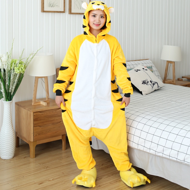 Bộ Đồ Ngủ Liền Thân Hóa Trang Con Hổ Vàng Bằng Vải Flannel Dành Cho Nam Nữ