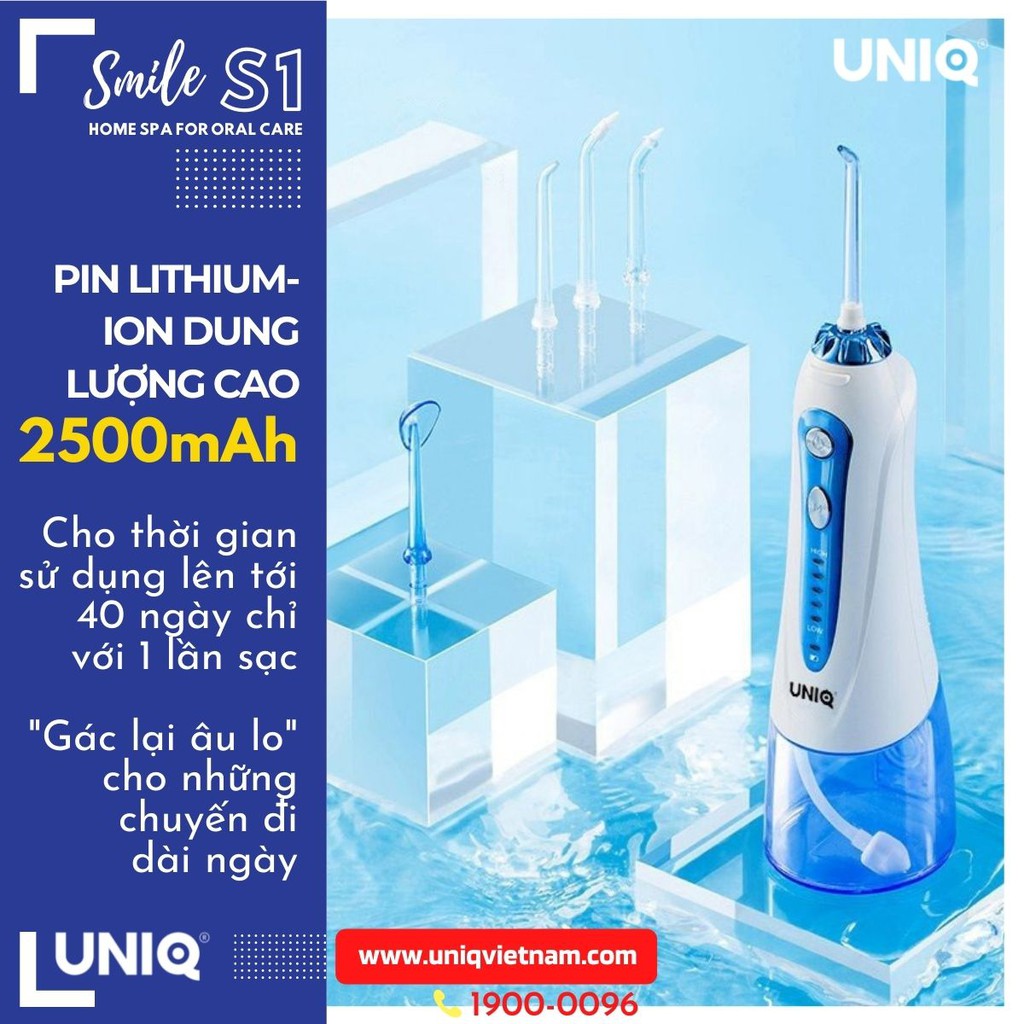 Tăm nước cầm tay UNIQ Smile S1 waterpik động cơ Nhật Bản siêu bền máy vệ sinh răng miệng xịt rửa làm sạch kẽ niềng 300ml