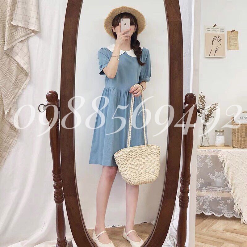 Đầm Bầu Công Sở - Váy Bầu GUME màu xanh ghi đá  dáng BABYDOLL tay bo vải đũi Hàn size 40-100kg MB 244 -ảnh thật