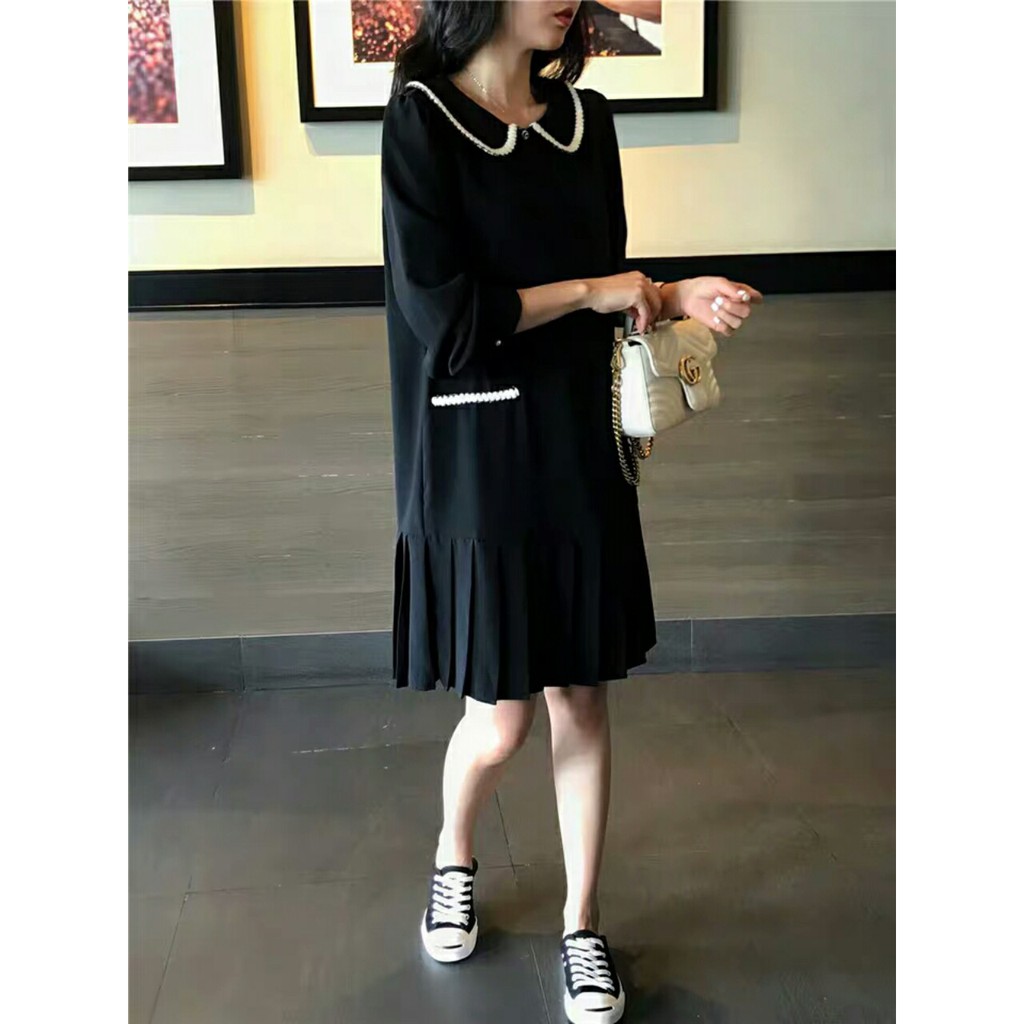 Đầm Bầu Công Sở - Váy Bầu GUME màu đen dài tay viền cổ trắng đuôi cá chất vải sạn lụa size từ 40-100kg MB142_ảnh thật