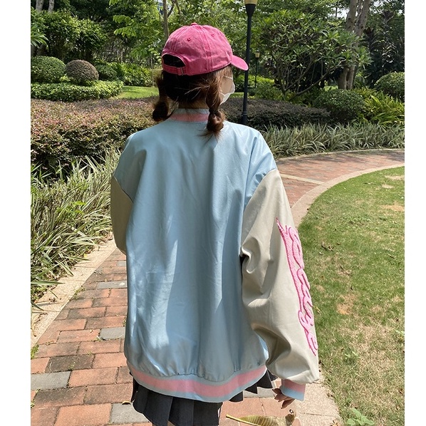Áo bomber nữ form rộng thêu họa tiết trái tim áo khoác bóng chày thời trang ulzzang
